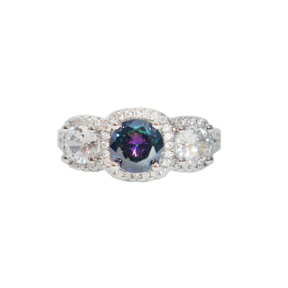 Halo Solitaire Mystic Topaz Rainbow & Cubic Zirconia Cushion-cut Ring size 9 - Picture 4 of 6